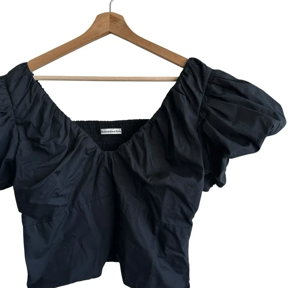 Abercrombie & Fitch Black Puff Sleeve Babydoll Top L Cropped Smocked Coquette